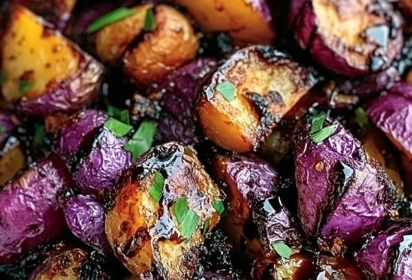Balsamic glazed roasted purple potatoes served in a bowl