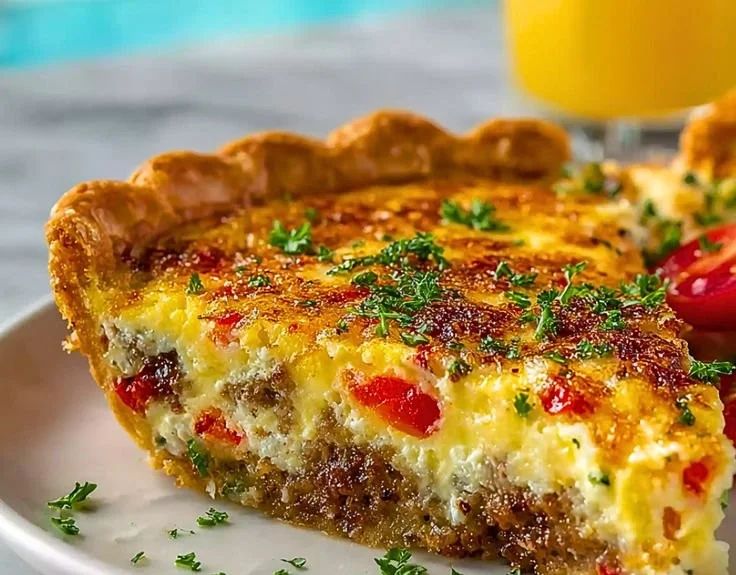 Deliciously baked Roasted Red Pepper Sausage Quiche fresh out of the oven.