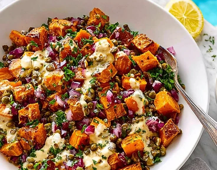 Beautifully plated roasted sweet potato salad with greens and dressing