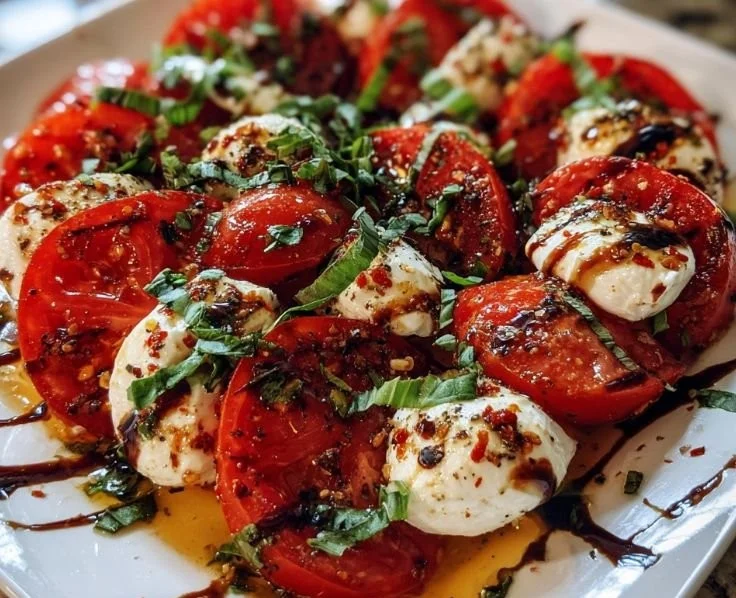 Roasted Tomato Caprese Salad with fresh basil and mozzarella cheese