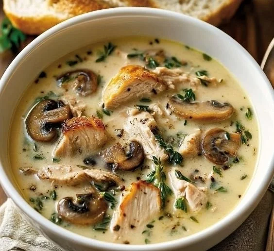 Bowl of homemade rotisserie chicken mushroom soup garnished with herbs.