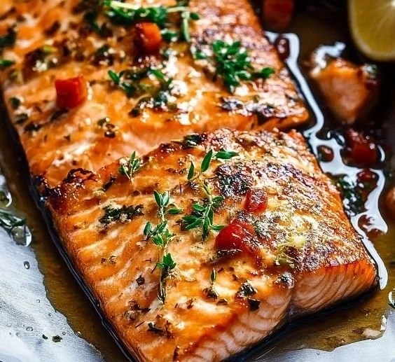 Delicious salmon marinated with a flavorful homemade marinade.