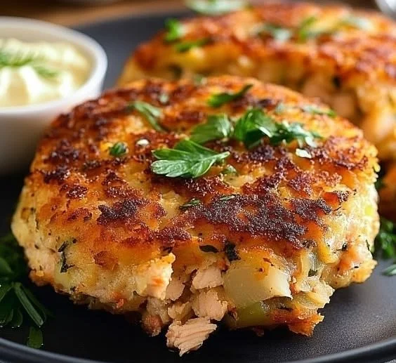 Freshly cooked salmon patties served with lemon and herbs.