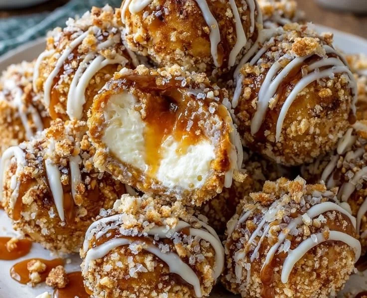 Salted caramel pretzel cheesecake balls on a white plate