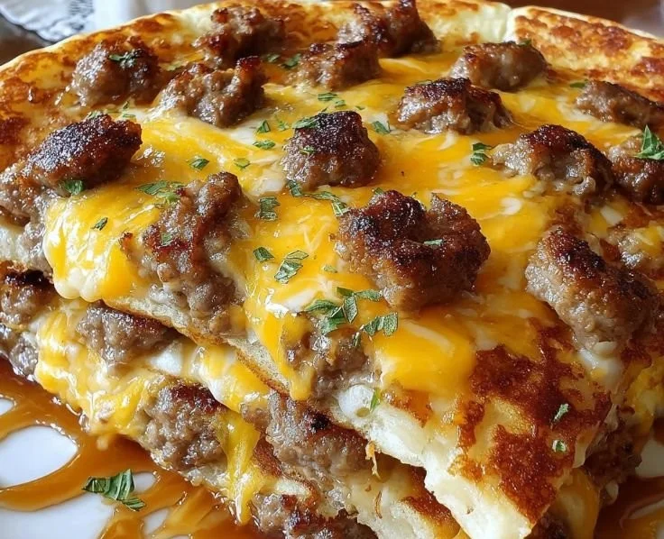 Sausage and Cheese Sheet Pan Pancakes served on a platter.