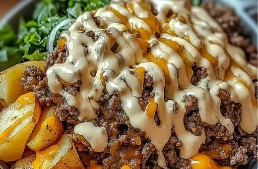 Savory smash burger bowl filled with fresh ingredients and zesty flavors.