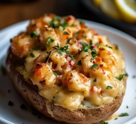 Seafood Stuffed Potatoes served Southern style with shrimp and crab filling