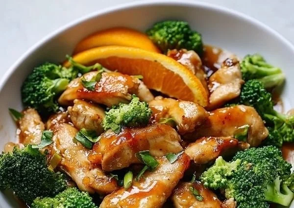 Seared Orange Chicken served with broccoli on a plate