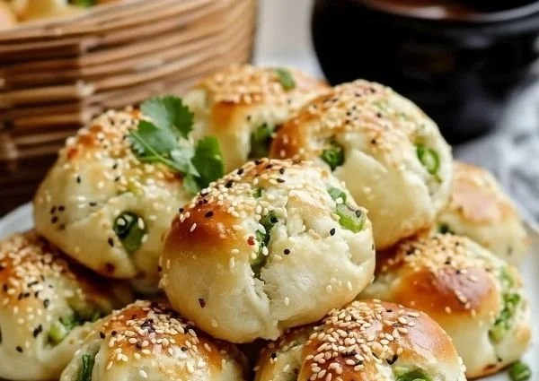 Freshly baked sesame scallion buns with green onions and sesame seeds