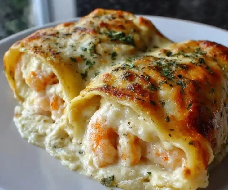 Delicious Shrimp Alfredo Lasagna Roll-Ups topped with creamy sauce and herbs