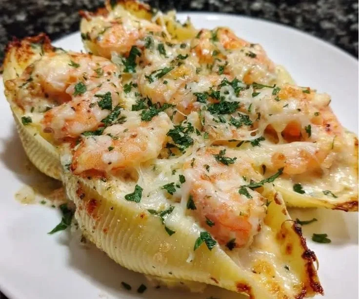 Shrimp Alfredo stuffed shells topped with creamy sauce and herbs