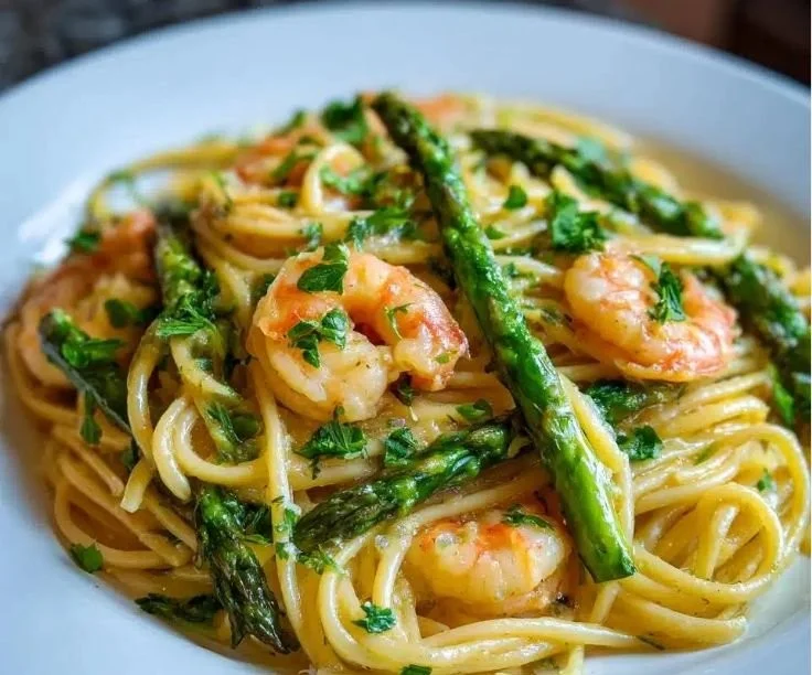Shrimp and asparagus lemon pasta dish with vibrant colors and fresh ingredients