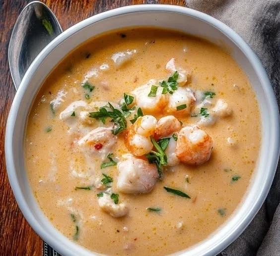 Delicious shrimp and crab seafood bisque recipe in a bowl