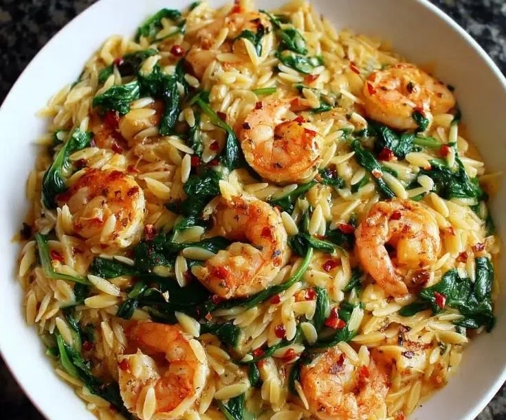 Shrimp and spinach orzo skillet recipe garnished with herbs in a pan