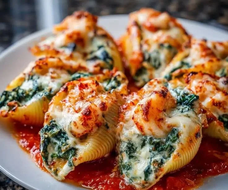 Delicious shrimp and spinach ricotta stuffed pasta shells on a plate