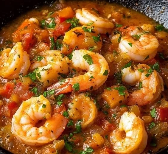 Delicious Shrimp Etouffee served with rice and garnished with green onions