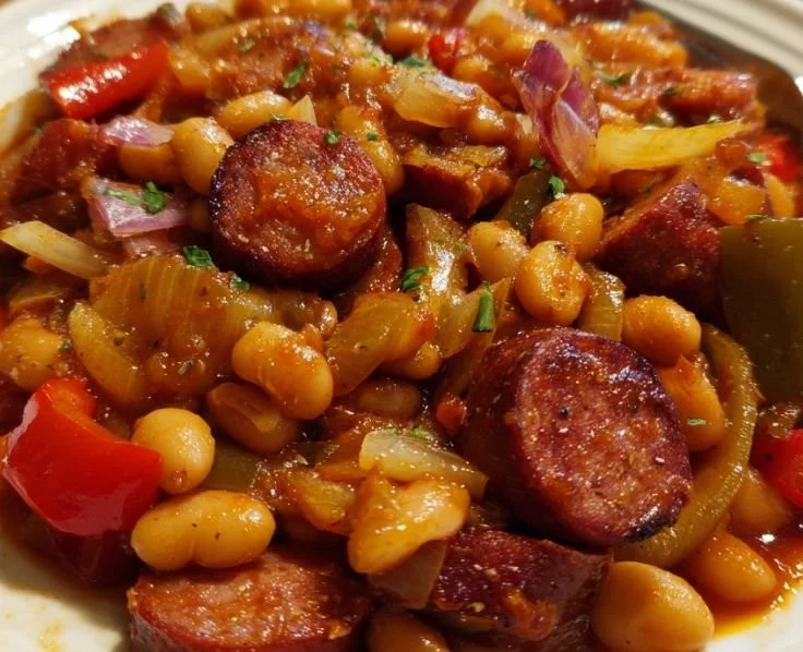 Slow cooker cowboy beans with kielbasa in a rustic dish
