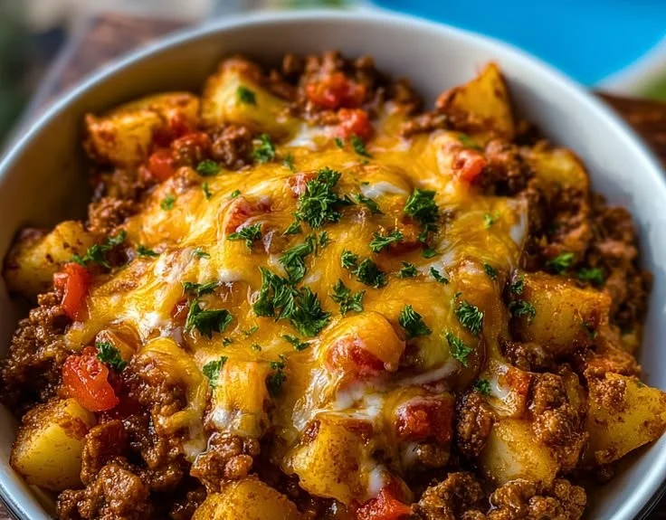 Delicious slow cooker cowboy casserole with cheese, beans, and ground beef dish.