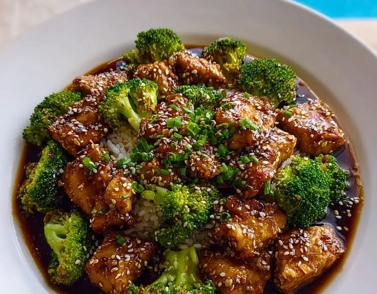 Slow Cooker Teriyaki Chicken served with steamed rice and vegetables