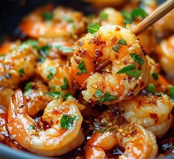 Spicy lemon garlic shrimp garnished with herbs served on a plate