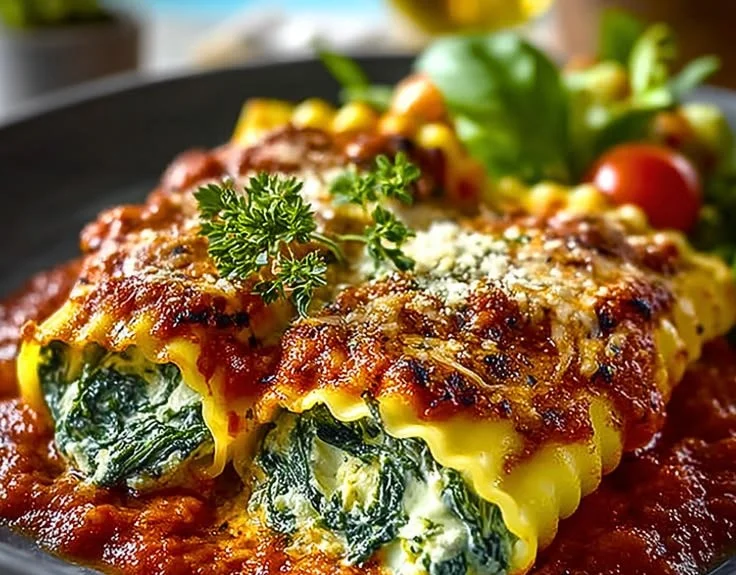 Spinach and ricotta stuffed manicotti served on a plate with marinara sauce