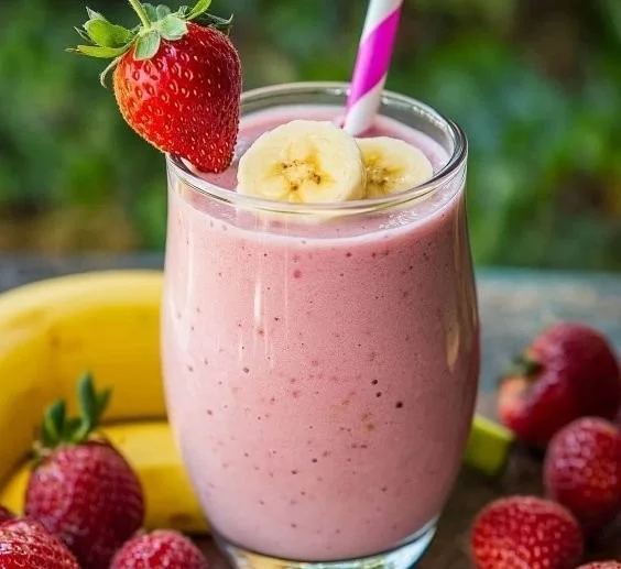 Strawberry banana smoothie in a glass with fresh fruit