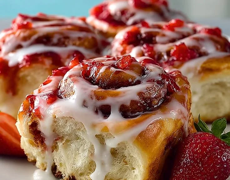 Delicious Strawberry Cheesecake Cinnamon Rolls topped with strawberries and cream cheese frosting.