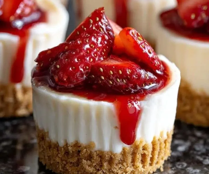 Strawberry cheesecake cup desserts decorated with fresh strawberries
