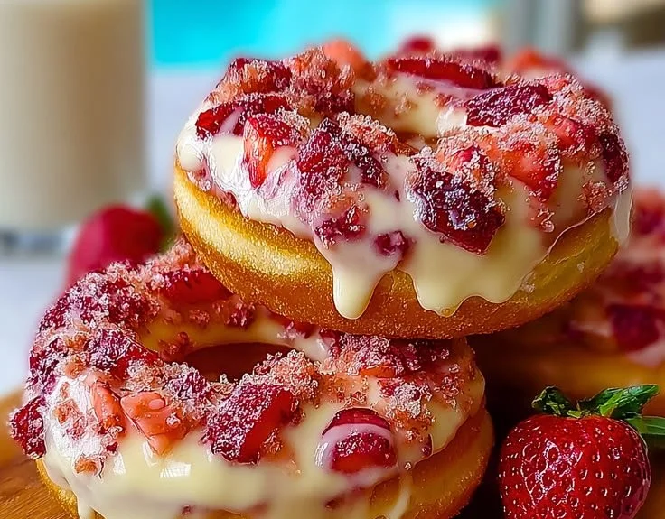 Delicious strawberry cheesecake donuts topped with fresh strawberries and cream cheese icing.
