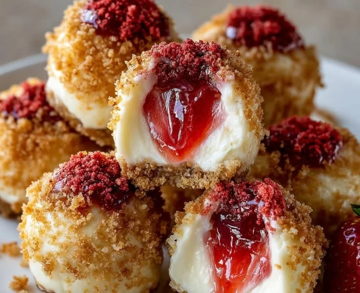 Strawberry Crunch Cheesecake Bites prepared on a plate