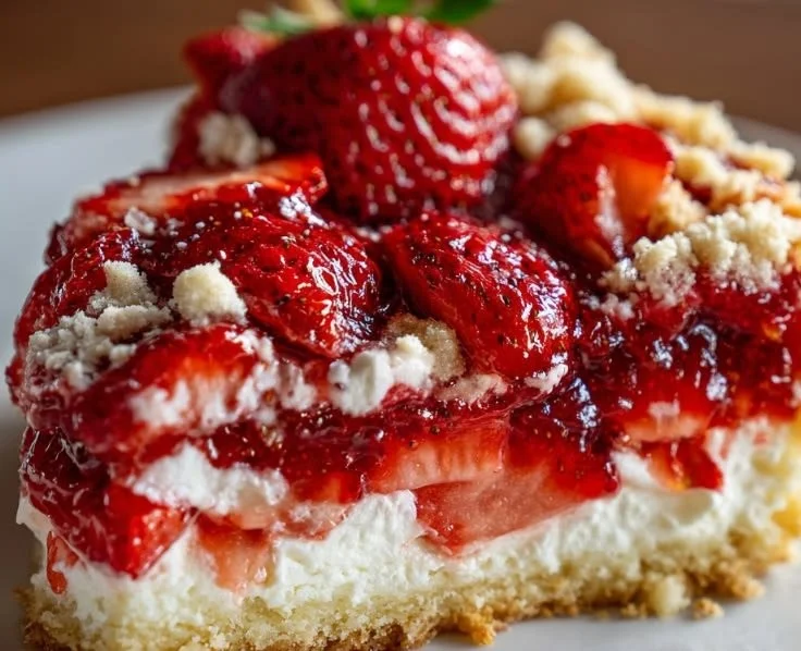 Delicious strawberry dump cake ready to serve with fresh strawberries on top