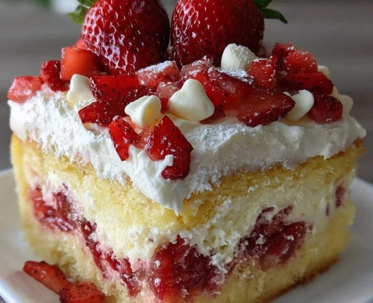 Delicious Strawberry Earthquake Cake with strawberries and creamy frosting.