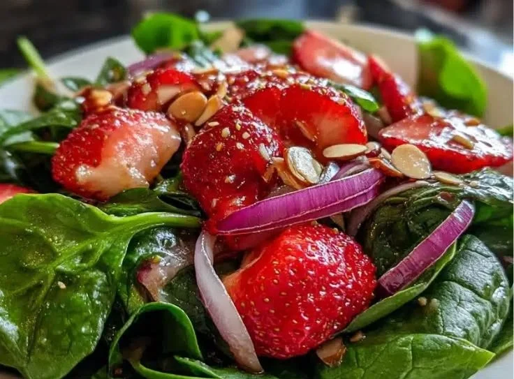 Strawberry spinach salad with balsamic vinaigrette on a plate