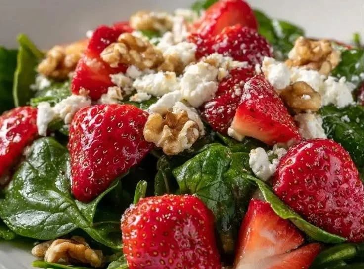 Delicious strawberry spinach salad with goat cheese and fresh ingredients