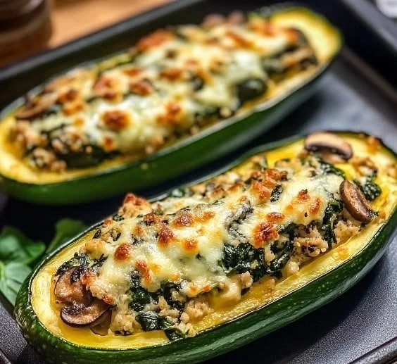 Stuffed zucchini boats with spinach, mushroom, and ricotta cheese filling