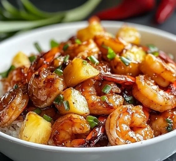 Plate of Sweet Chili Pineapple Shrimp with garnishes