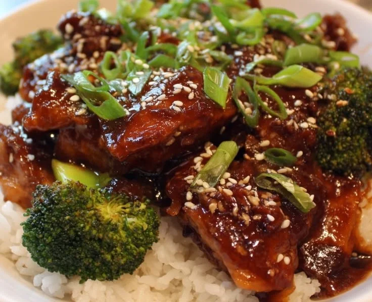 Delicious slow cooked teriyaki chicken served with rice and vegetables