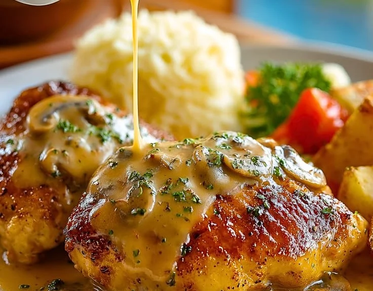 Plate of Texas Roadhouse Smothered Chicken topped with savory sauce and toppings.