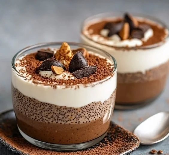 Tiramisu-Style Chia Pudding in a glass topped with cocoa powder and coffee beans