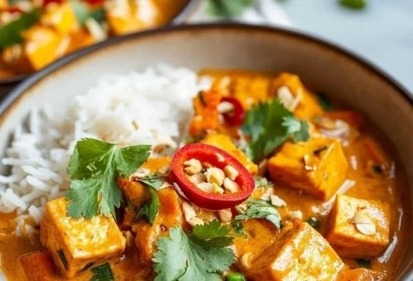 Delicious tofu curry with sweet potato and peanut butter served in a bowl