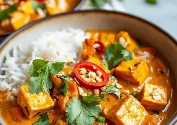 Delicious tofu and sweet potato peanut butter curry served in a bowl
