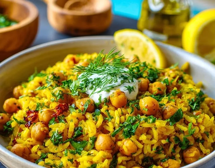 Bowl of turmeric rice with chickpeas garnished with herbs
