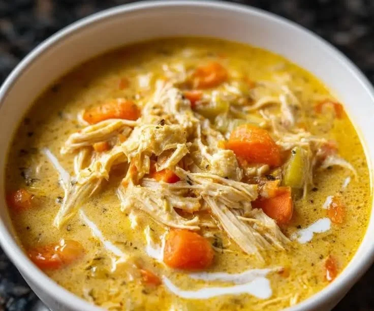 Slow cooker cream of chicken soup in a bowl, garnished with herbs.