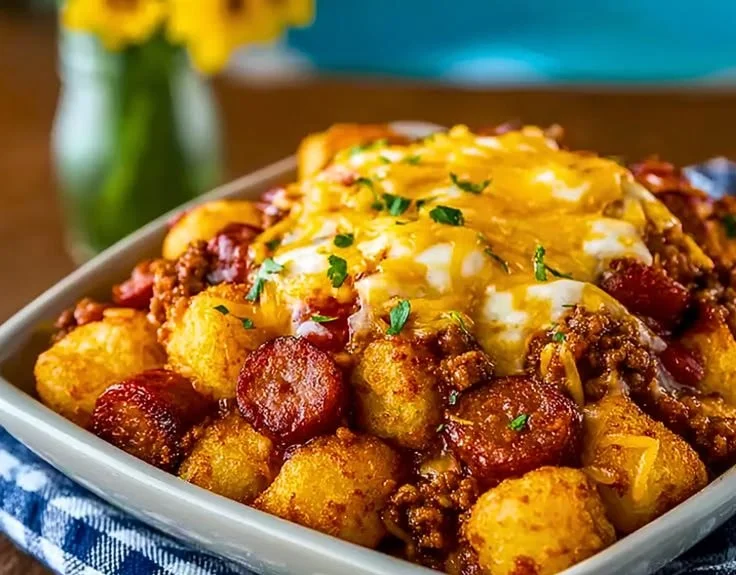 Delicious bowl of Crockpot Chili Dog Casserole with toppings