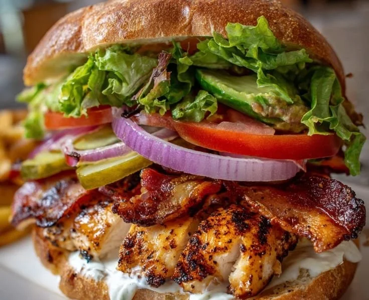 Ultimate Loaded Chicken Club Sandwich with crispy chicken, lettuce, and tomatoes