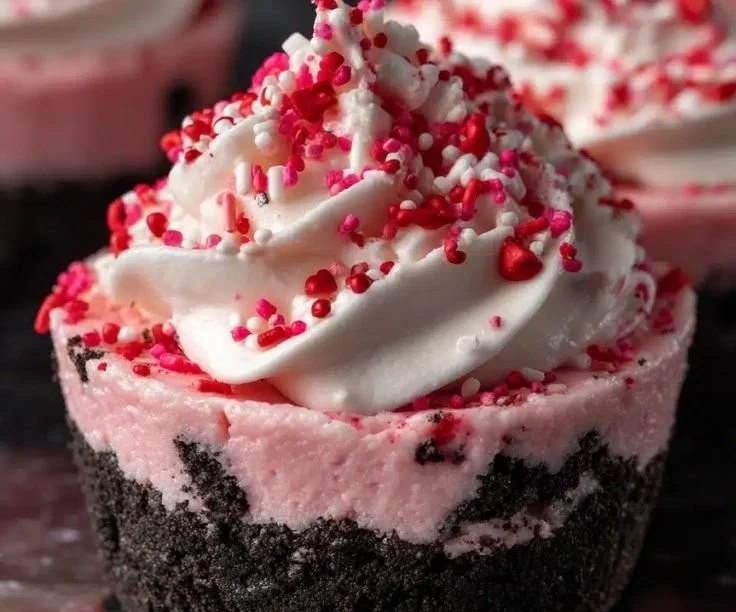 Valentine's Day Oreo cheesecake cups decorated for a romantic dessert