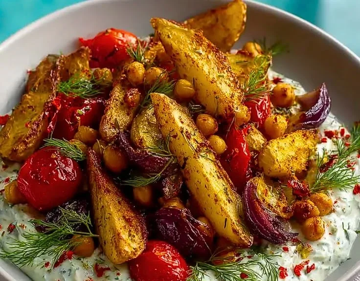 Vegan Mediterranean Roasted Vegetables Bowl with colorful veggies and herbs