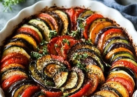 A beautifully arranged Vegetable Tian with layers of colorful vegetables.
