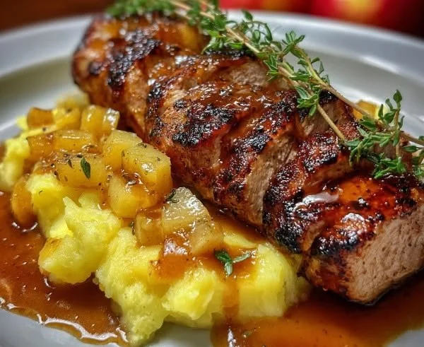 Juicy applesauce pork tenderloin served on a plate with fresh herbs.