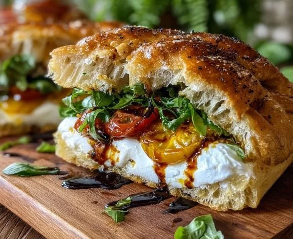 Burrata Focaccia Sandwich featuring creamy burrata and fresh toppings